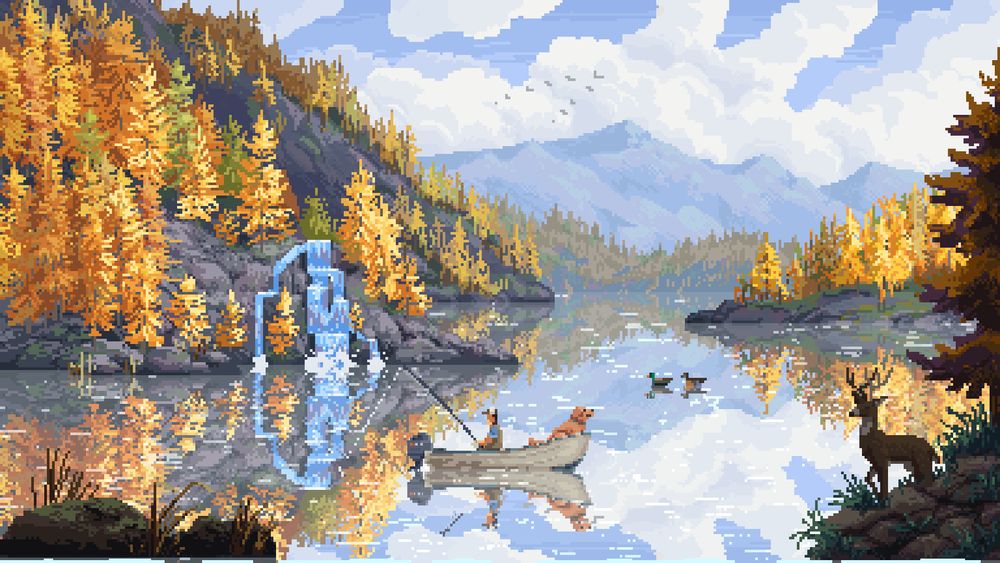 Cast n Chill, a pixel art style fishing game featuring a small fishing boat, dog companion and a beautiful background of autumnal mountain trees and a lake with a waterfall.