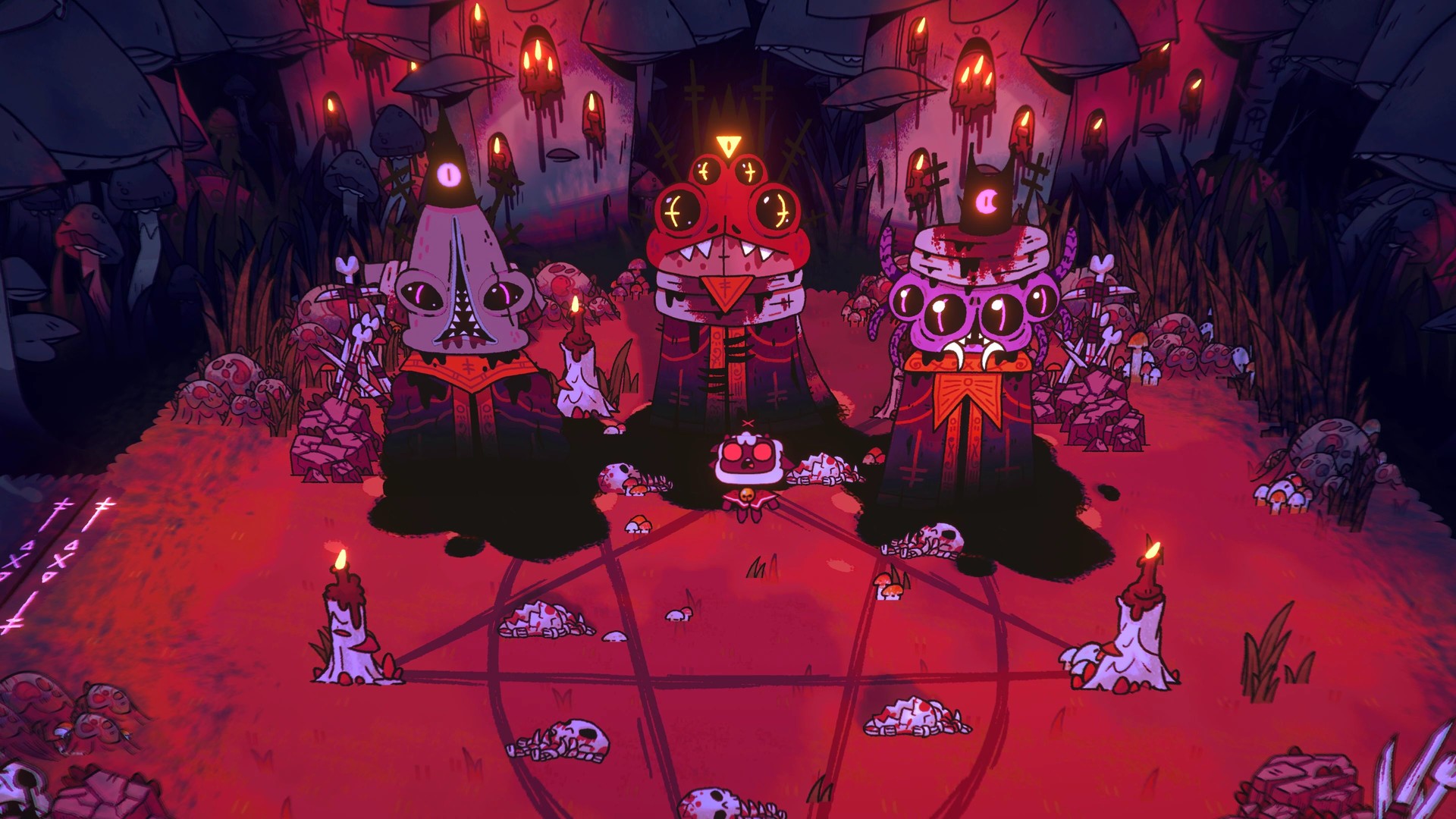 Cult of the Lamb screenshot of three of the evil bosses.