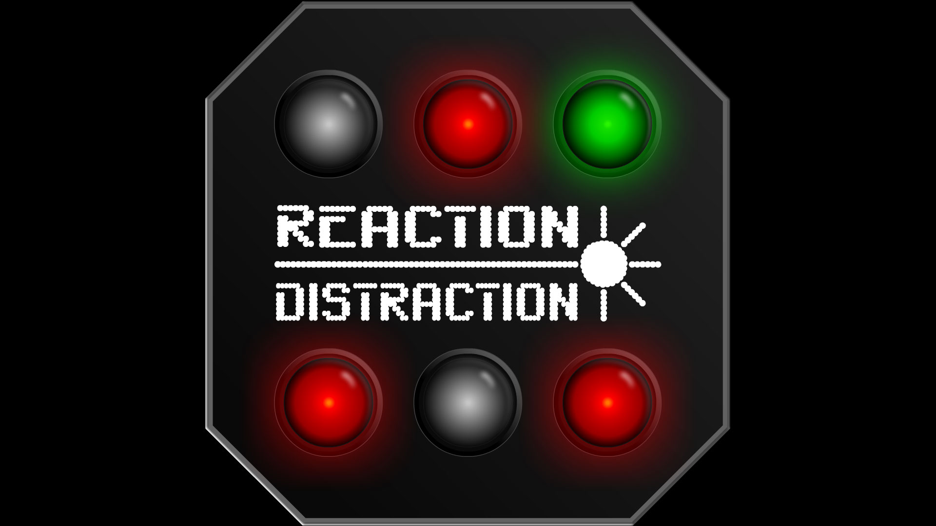 Reaction Distraction logo with white pixellated text and red, green and grey lights.